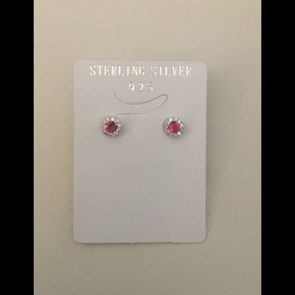 Sparkling Ruby & White Topaz Round Halo Earrings - Picture 1 of 2
